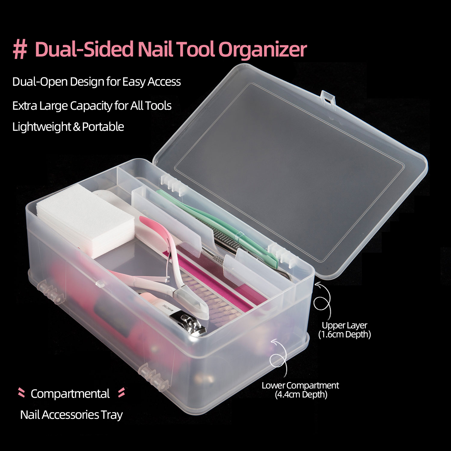 Workshop Tools Cabinet - ネイルツール、ジェルポリッシュ、空のネイルアートオーガナイザー、ブラシ、ファイル、マニキュア容器用の2段式大容量PP収納ボックス（両開き）