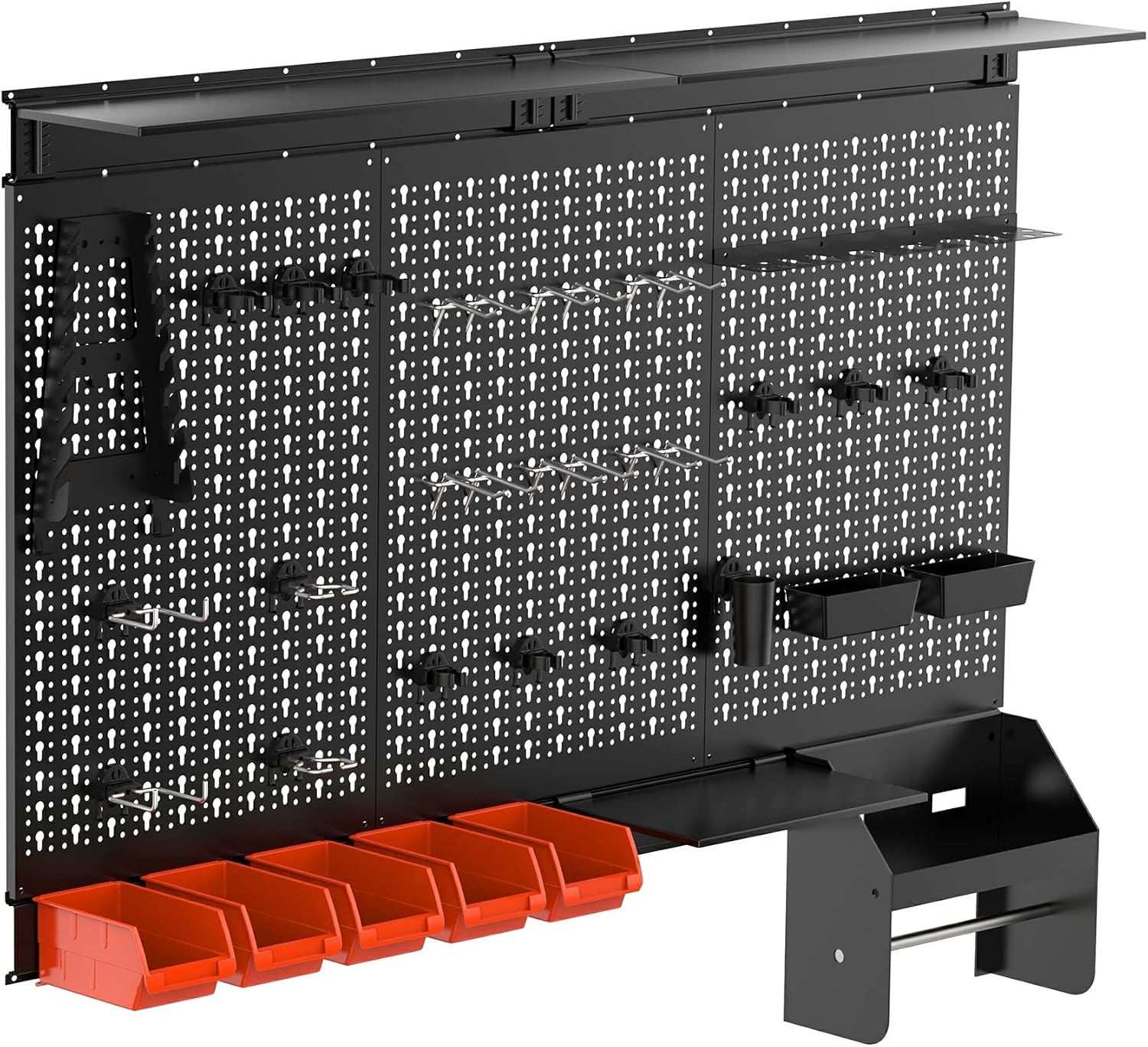 Workshop Tools Board - 金属製ペグボードウォールオーガナイザーパネルキット、ガレージツール収納ラックシステム、ワークショップ用ユーティリティビンと棚付き頑丈な吊り下げディスプレイボード、ブラック、46ピースセット