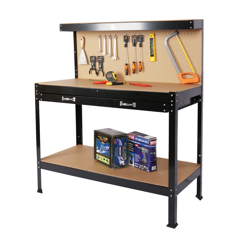 Workshop Tools Board - スチール製ワークベンチツール収納ワークベンチワークショップツールテーブル（引き出しとペグボード付き）63インチ