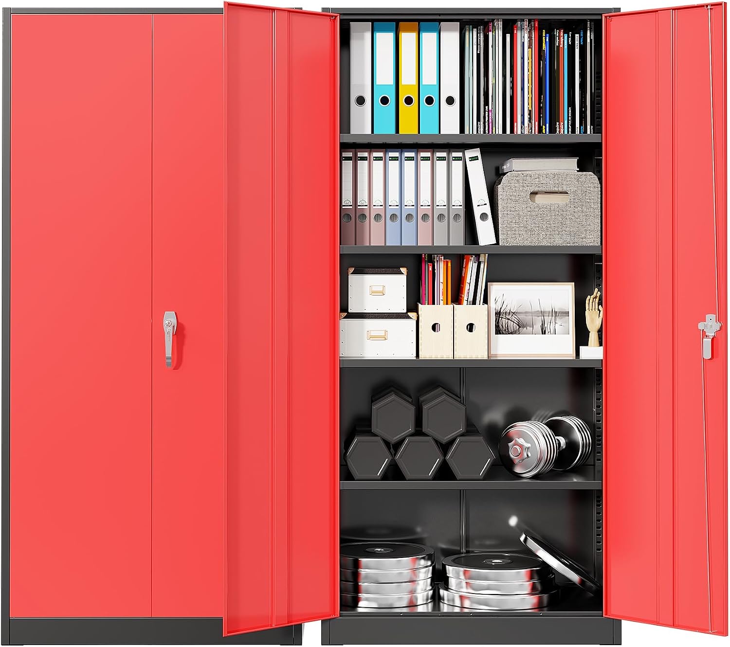 Workshop Tools Cabinet - 頑丈な金属製ガレージ収納キャビネット、スチール製ロック式ユーティリティクローゼット、2つのドアと5つの調整可能な棚付き、家庭、オフィス、作業場の工具整理用、黒色