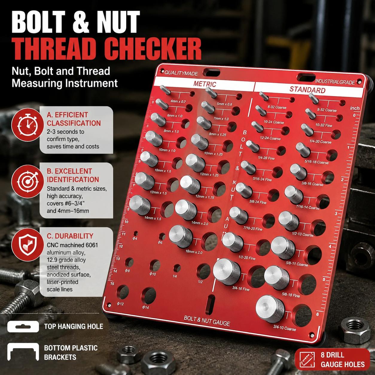 Workshop Cutting Tools - ナットとボルトのねじ径ゲージセット（標準およびメートルねじ用）19種類の標準サイズ、15種類のメートルサイズ、インチ雄ねじ・雌ねじ識別用測定ゲージツール、ガレージ、作業場、ホームセンター、ハードウェア、ファスナー用