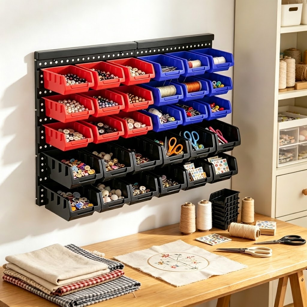 Workshop Tools Hanging - 壁掛け収納ボックスオーガナイザーラック、30個の2色ビン付き、頑丈なプラスチック製吊り下げ式パーツビンシステム、ネジ、ボルト、ナット、ワッシャー用ガレージ壁掛けハードウェアホルダー、ワークショップ、小屋、DIY、クラフトルーム用の積み重ね可能な大小ツールコンテナ